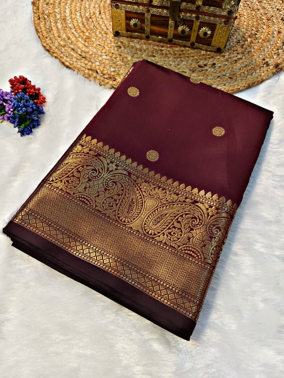 HAAHAA's Women’s Brown Silk Blend Saree with Rich Gold Zari Border |Wedding Saree | Elegant Indian Style Saree with Blouse Piece