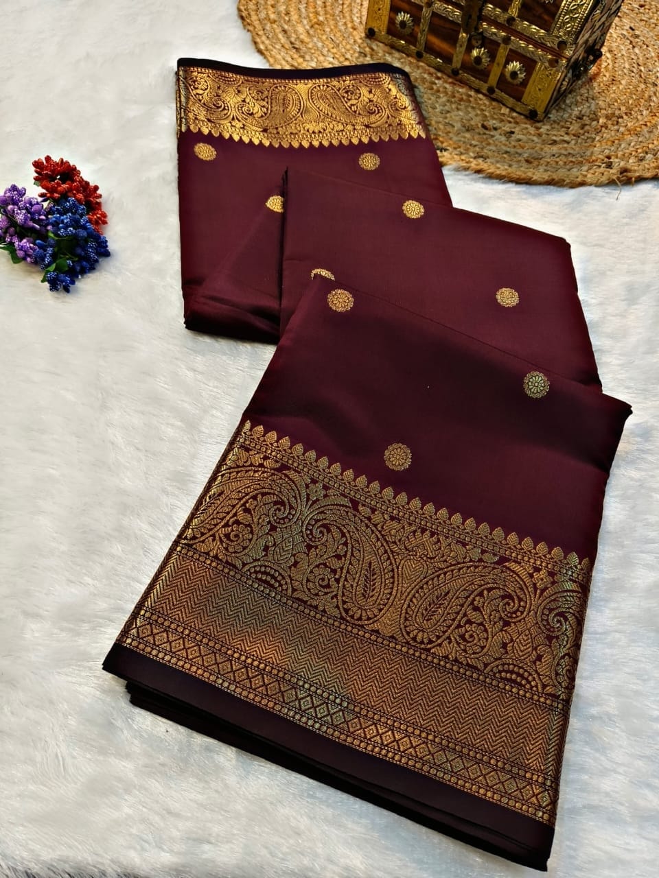 HAAHAA's Women’s Brown Silk Blend Saree with Rich Gold Zari Border |Wedding Saree | Elegant Indian Style Saree with Blouse Piece