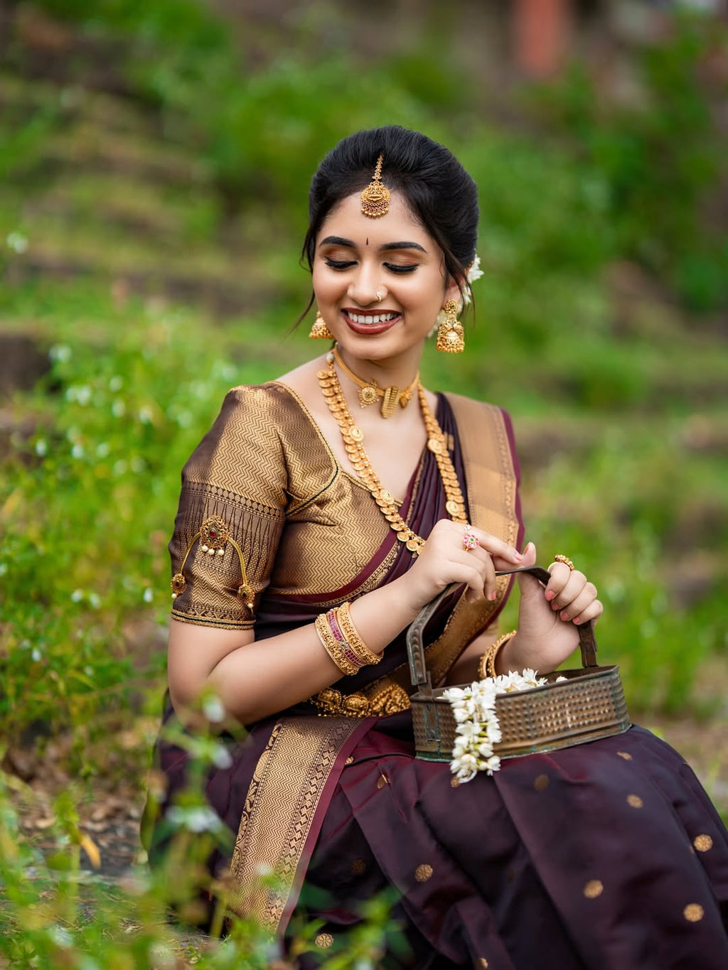 HAAHAA's Women’s Brown Silk Blend Saree with Rich Gold Zari Border |Wedding Saree | Elegant Indian Style Saree with Blouse Piece