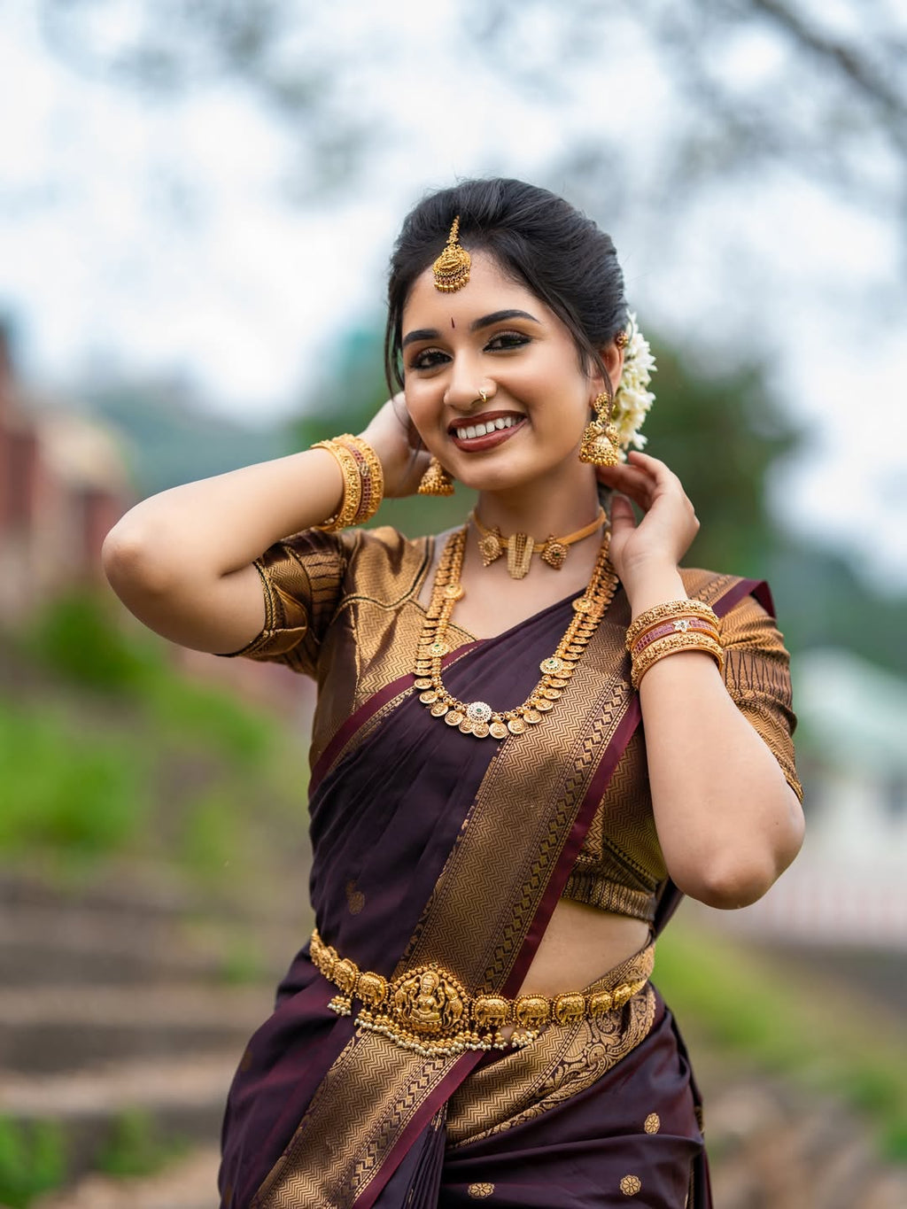 HAAHAA's Women’s Brown Silk Blend Saree with Rich Gold Zari Border |Wedding Saree | Elegant Indian Style Saree with Blouse Piece