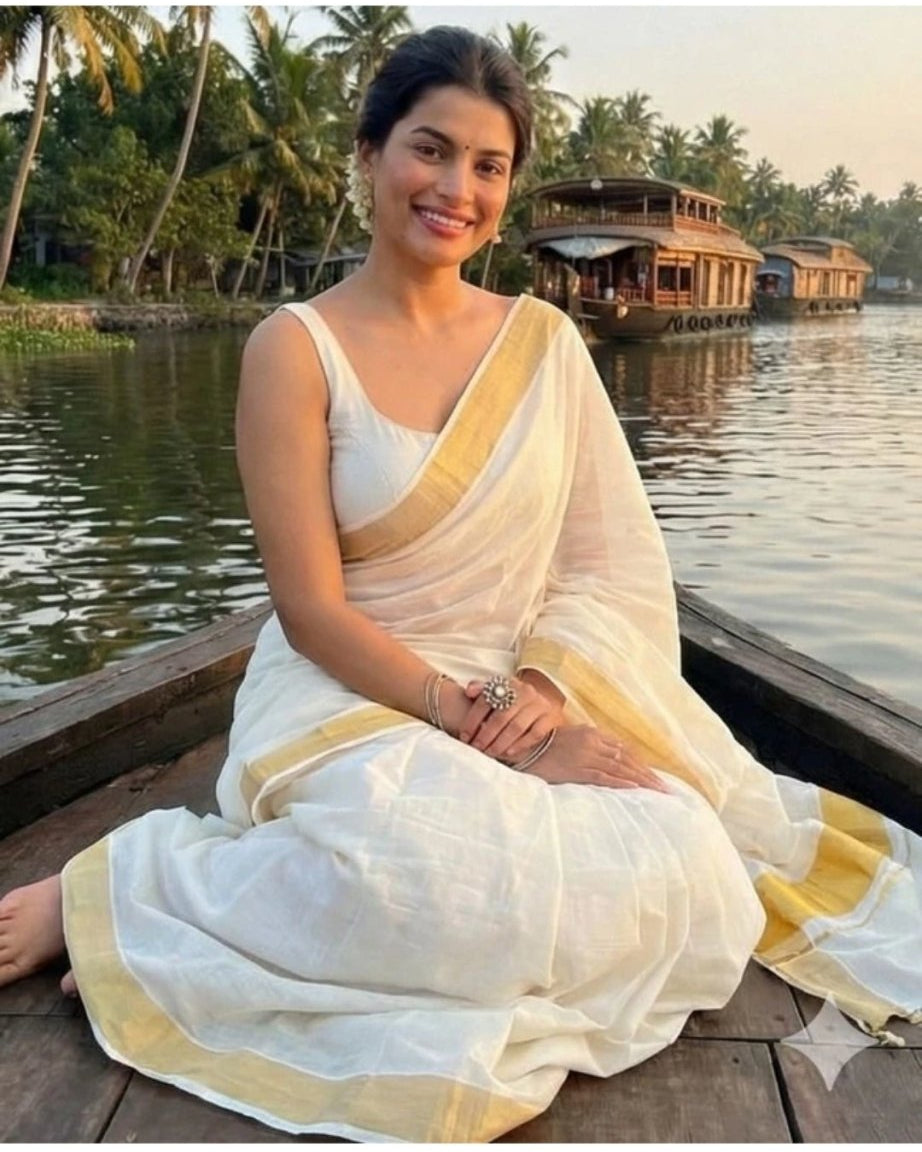 Original Kerala kasavu plain/solid cotton saree - House of HAAHAA
