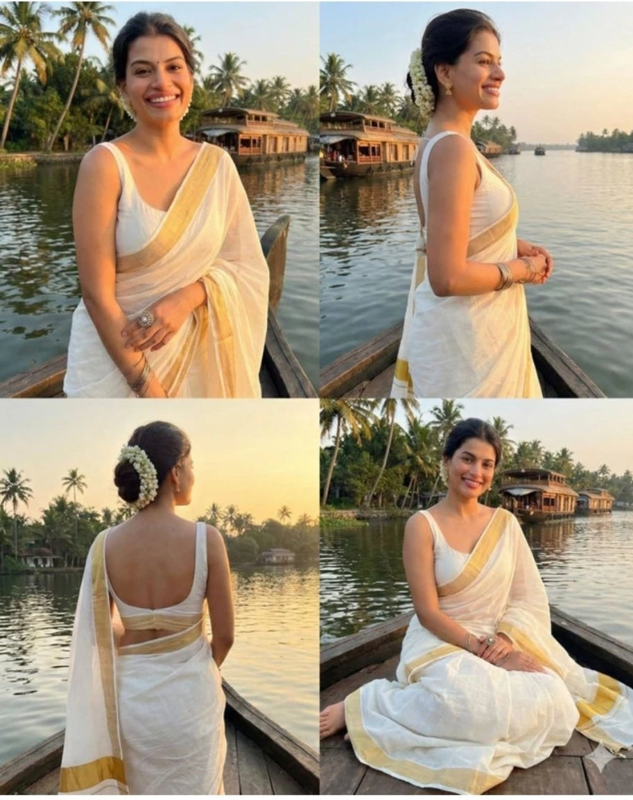 Original Kerala kasavu plain/solid cotton saree - House of HAAHAA