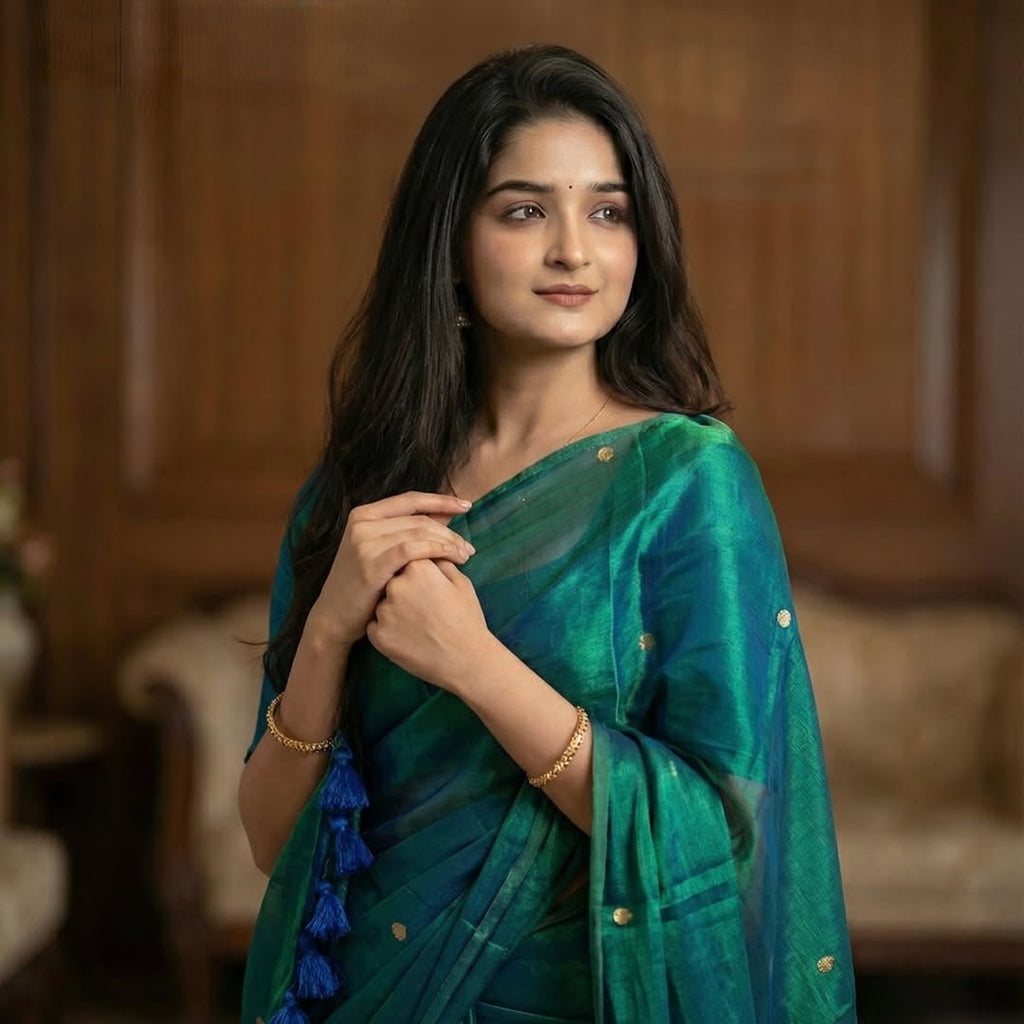 Peacock blue kadhi cotton saree with jimiki embroidery - House of HAAHAA
