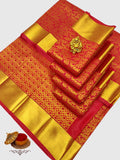 Premium quality kanjivaram red saree with all over jari weaving with rich golden border for wedding and bridal part wear saree - House of HAAHAA