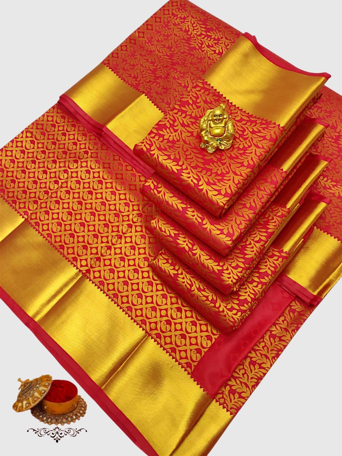 Premium quality kanjivaram red saree with all over jari weaving with rich golden border for wedding and bridal part wear saree - House of HAAHAA