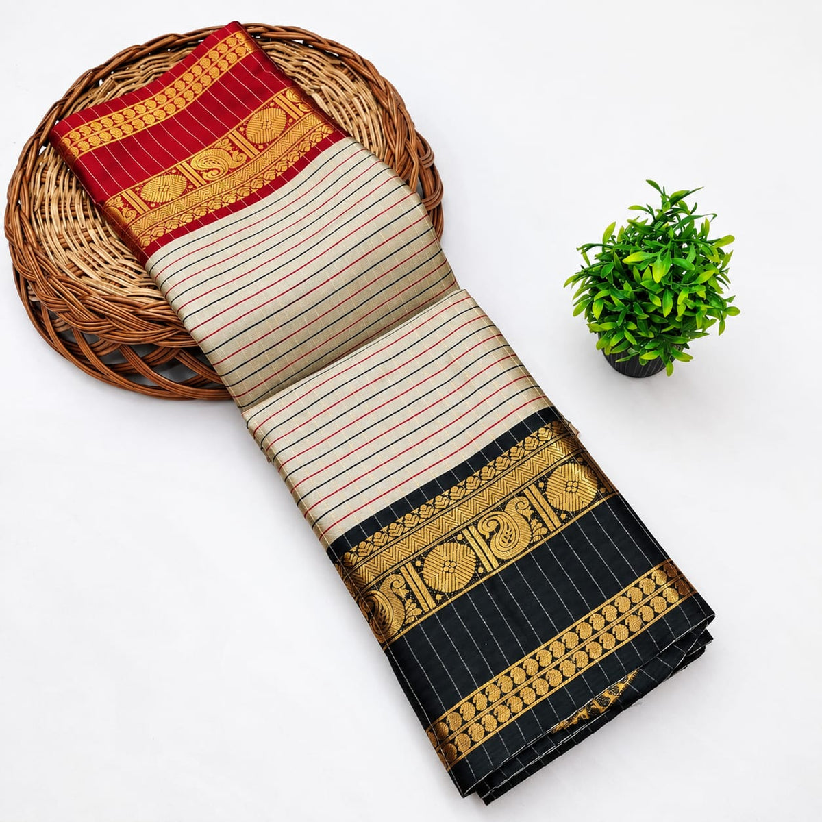 Premium Soft Sandal Saree with Black Border & Blouse - House of HAAHAA