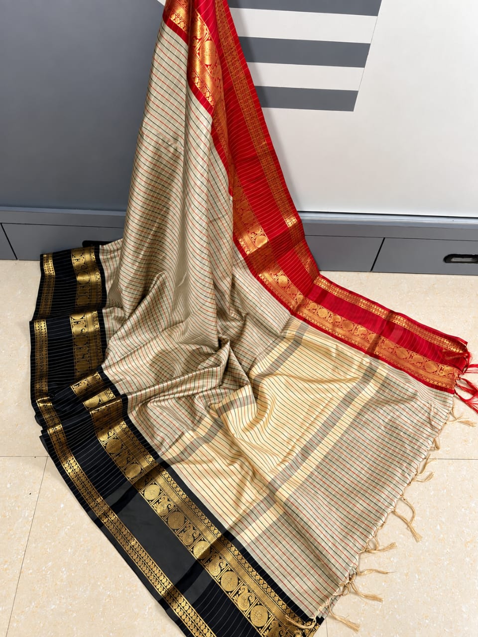 Premium Soft Sandal Saree with Black Border & Blouse - House of HAAHAA