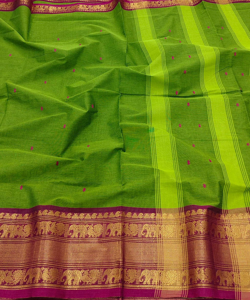 Premuim quality 100% Kanchi Cotton saree with big zari border, Motif buttas and With blouse - House of HAAHAA