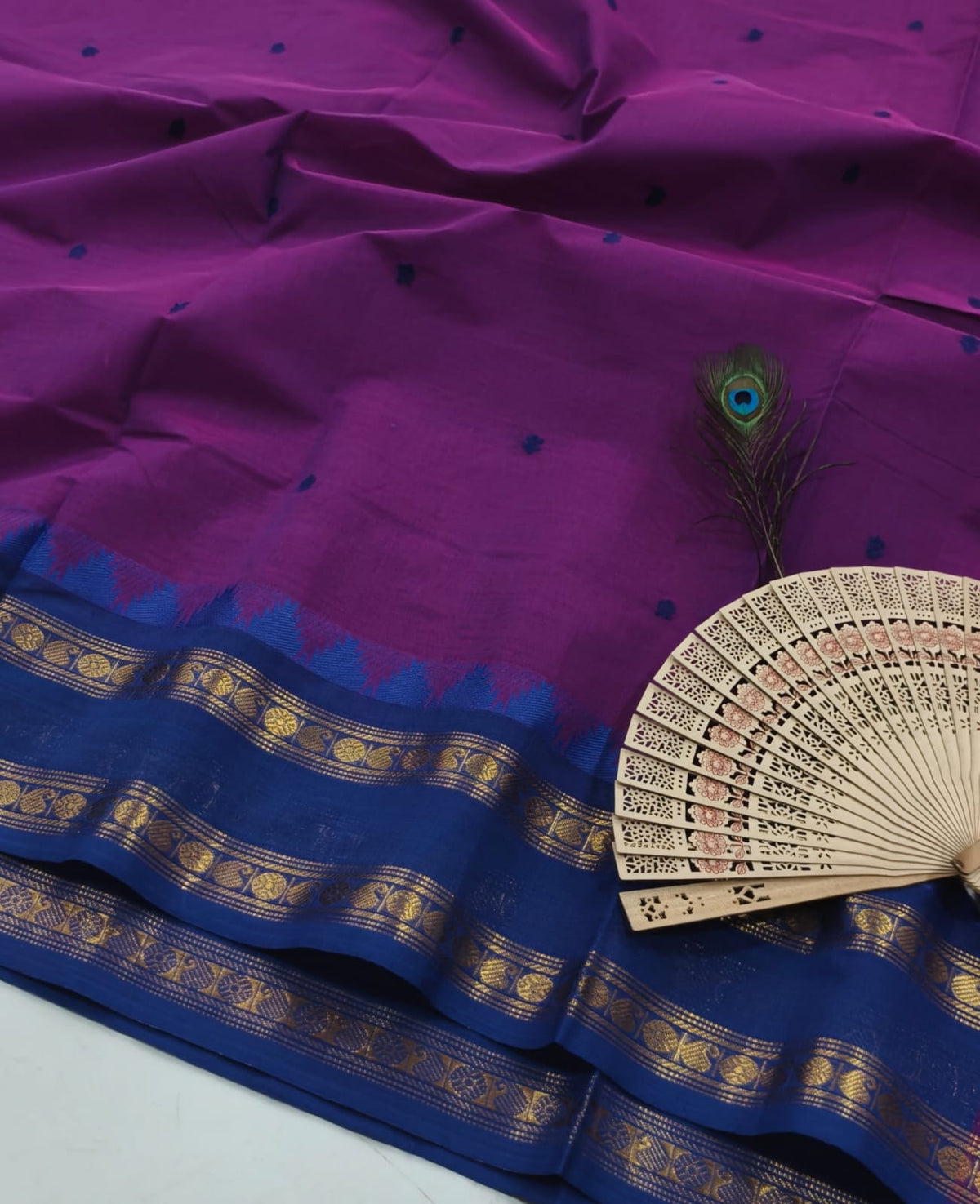 Premuim quality 100% Kanchi Cotton saree with big zari border, Motif buttas and With blouse - House of HAAHAA