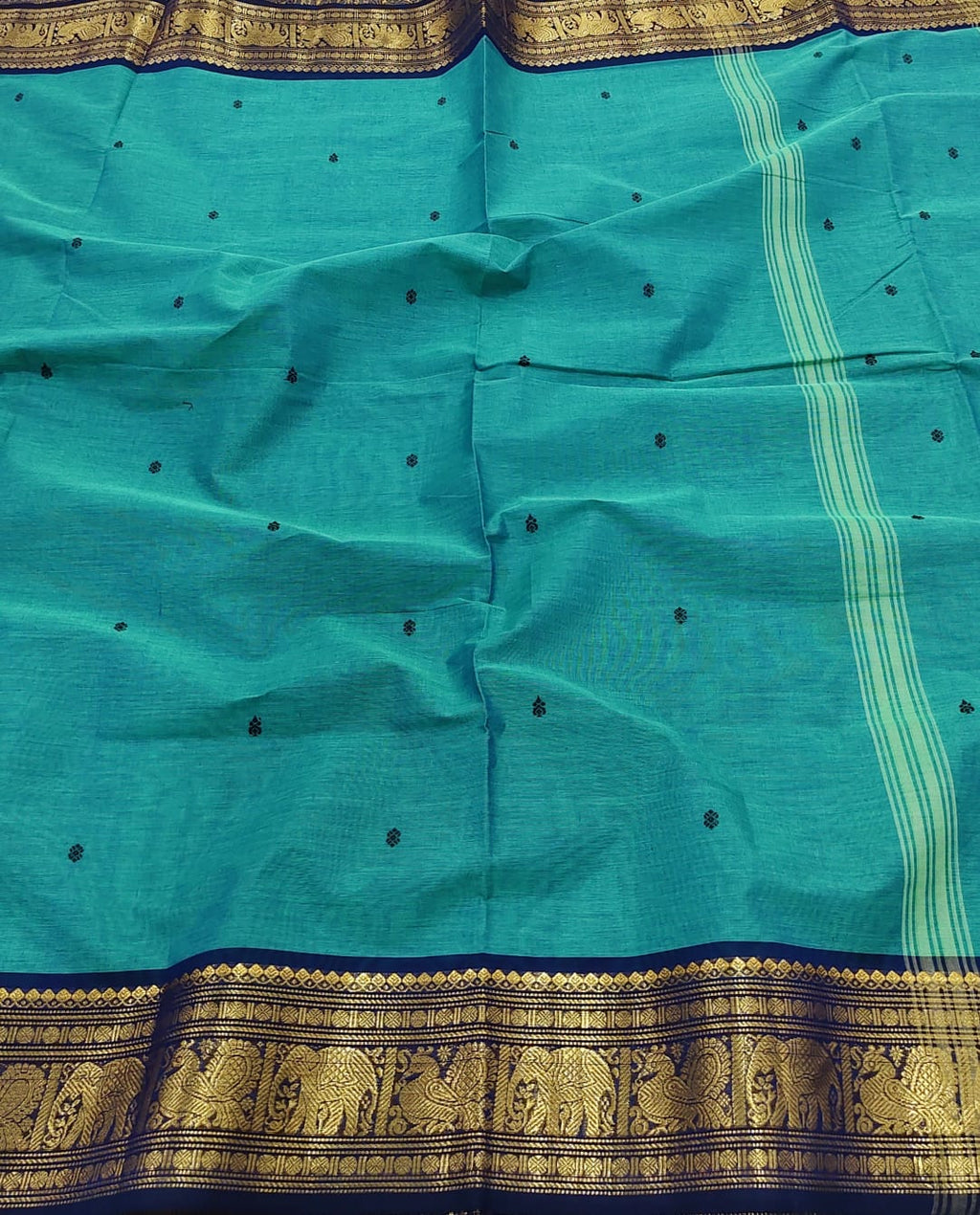 Premuim quality 100% Kanchi Cotton saree with big zari border, Motif buttas and With blouse - House of HAAHAA