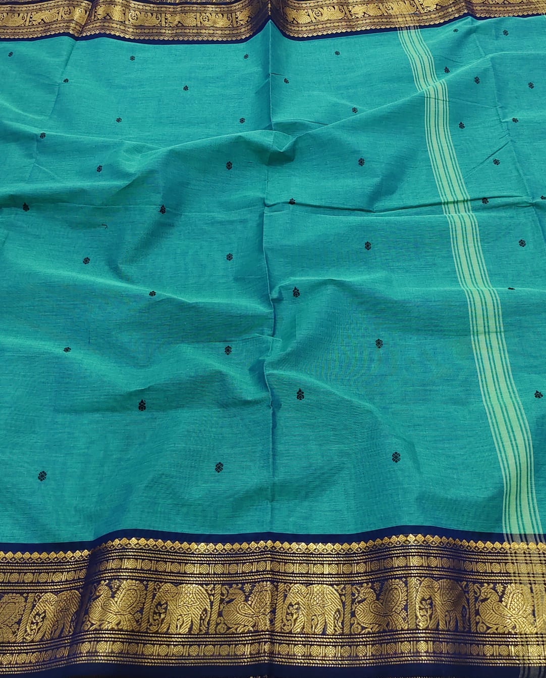 Premuim quality 100% Kanchi Cotton saree with big zari border, Motif buttas and With blouse - House of HAAHAA