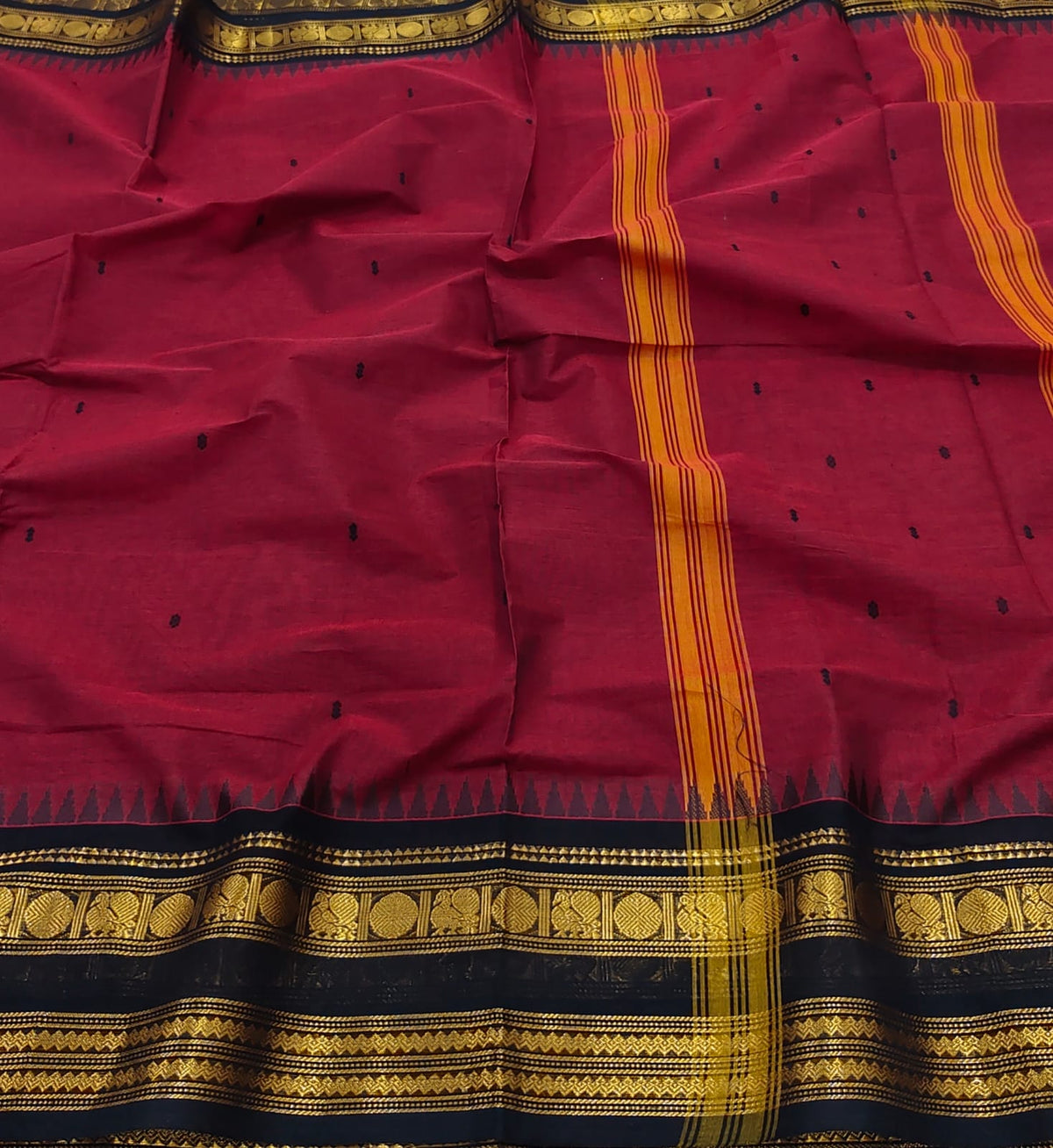Premuim quality 100% Kanchi Cotton saree with big zari border, Motif buttas and With blouse - House of HAAHAA